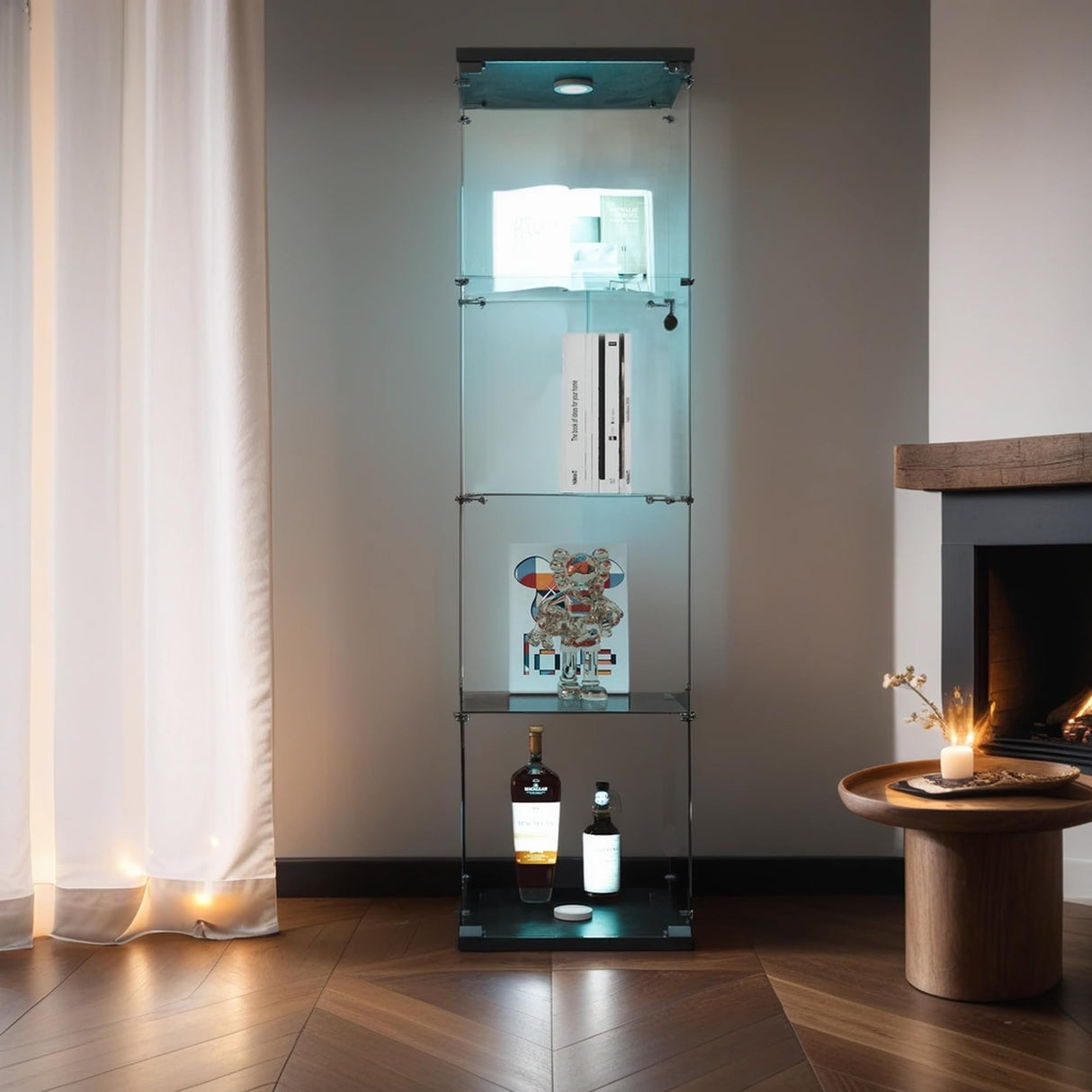 Zipzop Modern 64.5'' 4-Shelf Glass Display Cabinet with Lock and Lights, Lighted Curio Cabinet Collection Display Case, Floor Standing Showcase for Living Room Bedroom Home Office Zipzop