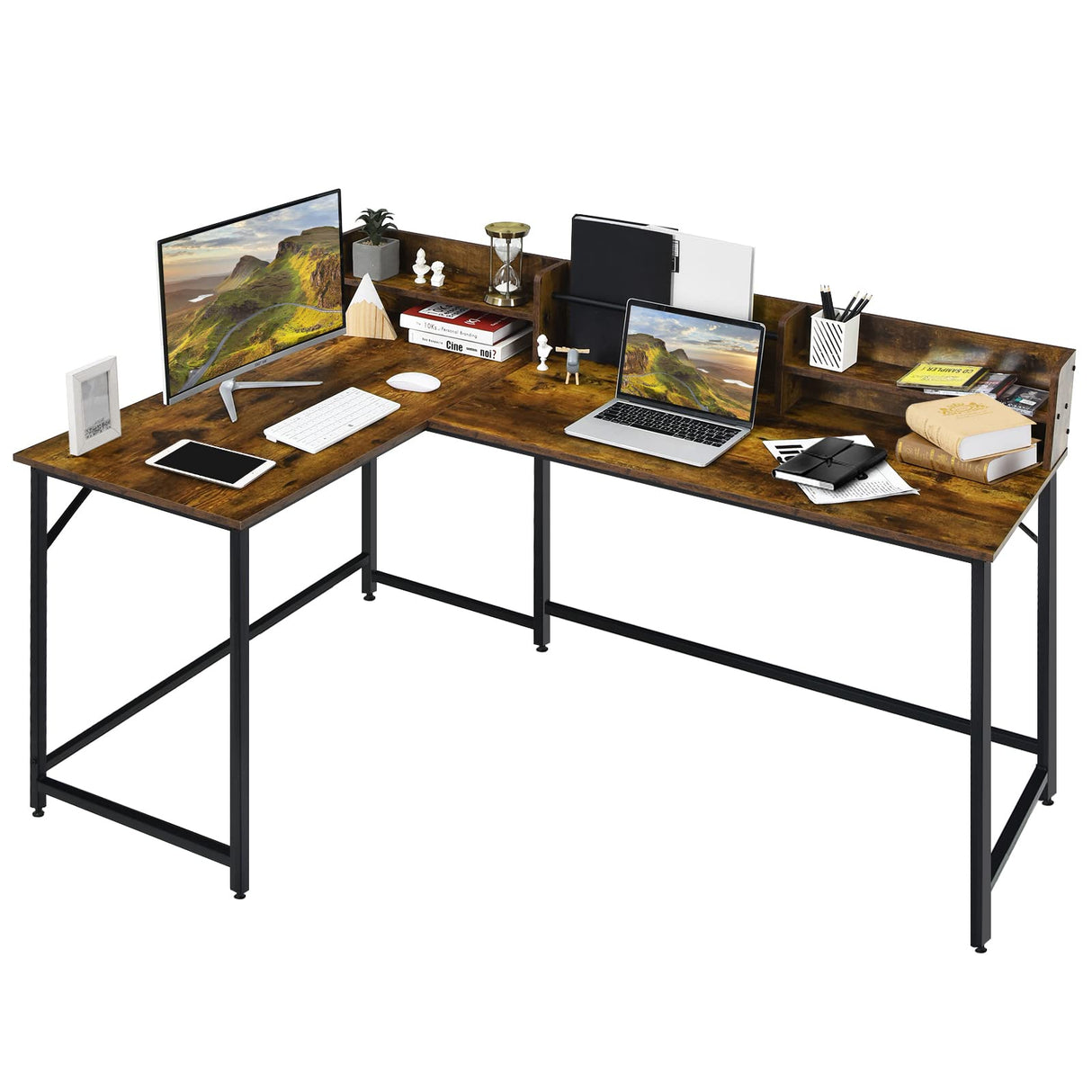 COSTWAY L-shaped Computer Desk with Hutch, Space-saving Corner Computer Desk with File Rack & 2 Shelves, 66.5” Industrial Table with Heavy-duty Steel Frame, for Home Office Study Room (Rustic Brown) COSTWAY