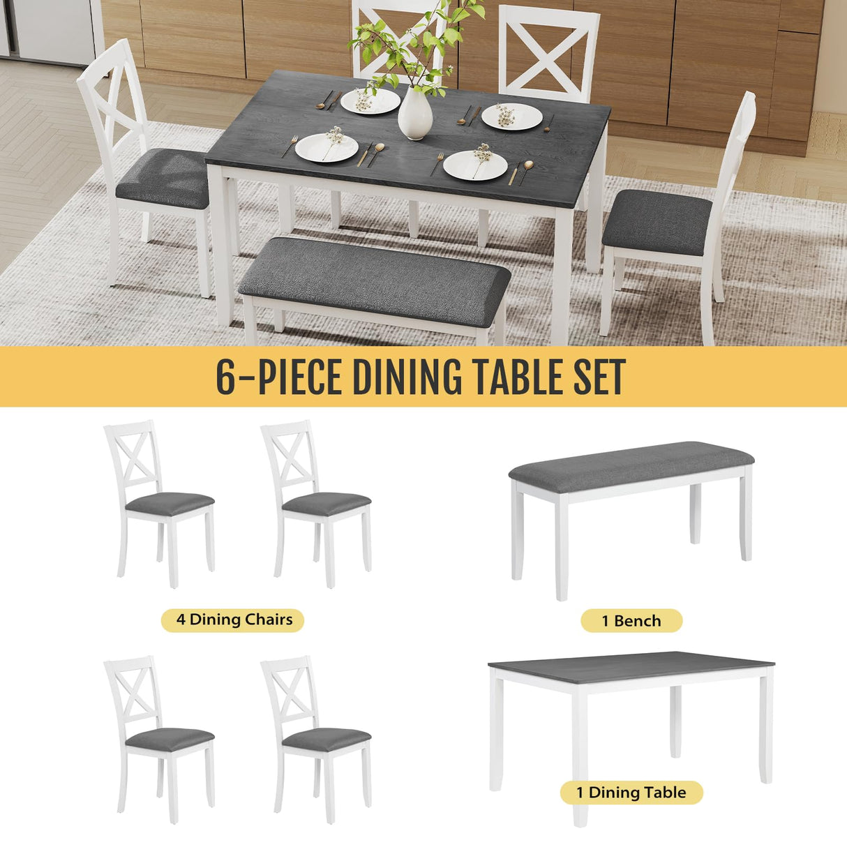 Zevemomo 6-Piece Solid Wood Dining Table Set, Including 1 Dining Table, 4 Upholstered Chairs and 1 Bench, Wooden Legs Dining Table Set for Dining Room, Kitchen, Restaurant, White Zevemomo