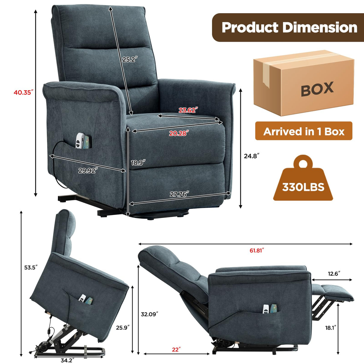 MANBUR Power Lift Recliner with Vibration and Lumbar Heat, Electric Power Lift Chair Recliner Chair, Home Theater Seating RV Recliner Living Room Chair with Side Pockets, LED Light, USB Port(Blue) MANBUR