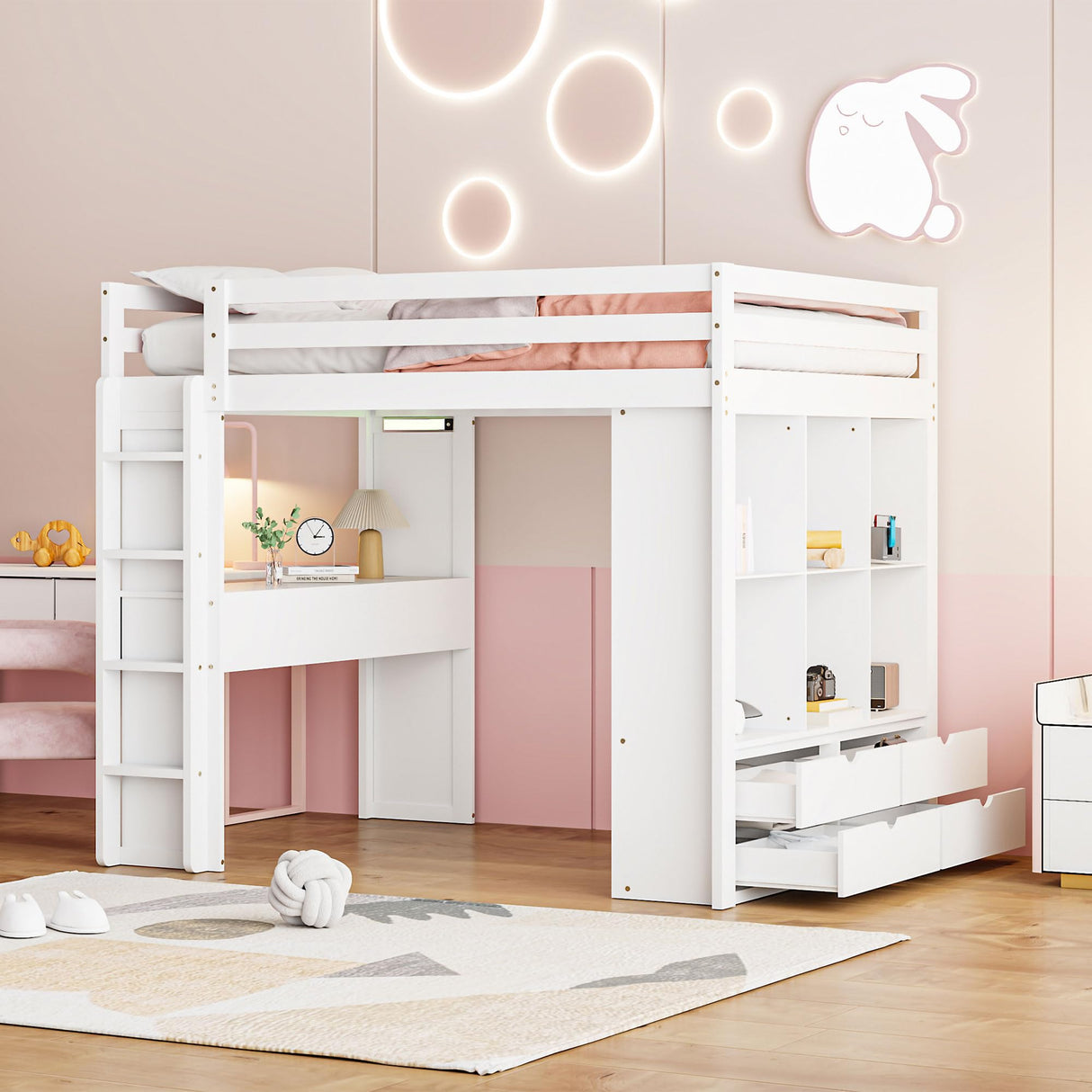 Harper & Bright Designs Full Size Loft Bed with Desk & Storage Shelves, Wood Loft Bed Full Size with LED Lights, Hight Loft Bed Frame for Kids,Boys,Girls,Teens, White Harper & Bright Designs