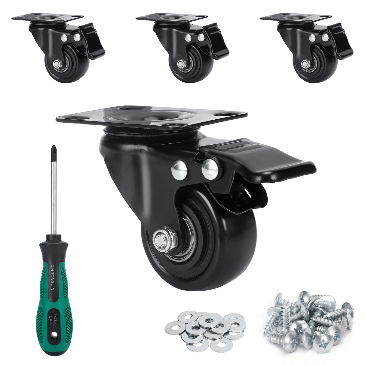 PRITEK 2 inch Caster Wheels, Heavy Duty Casters No Noise No Marking Lockable 360 Degree Swivel Casters for Furniture Cart Cabinet Bench Ottoman (650lbs/4pcs, Screws,Washers & Screwdriver Included) PRITEK