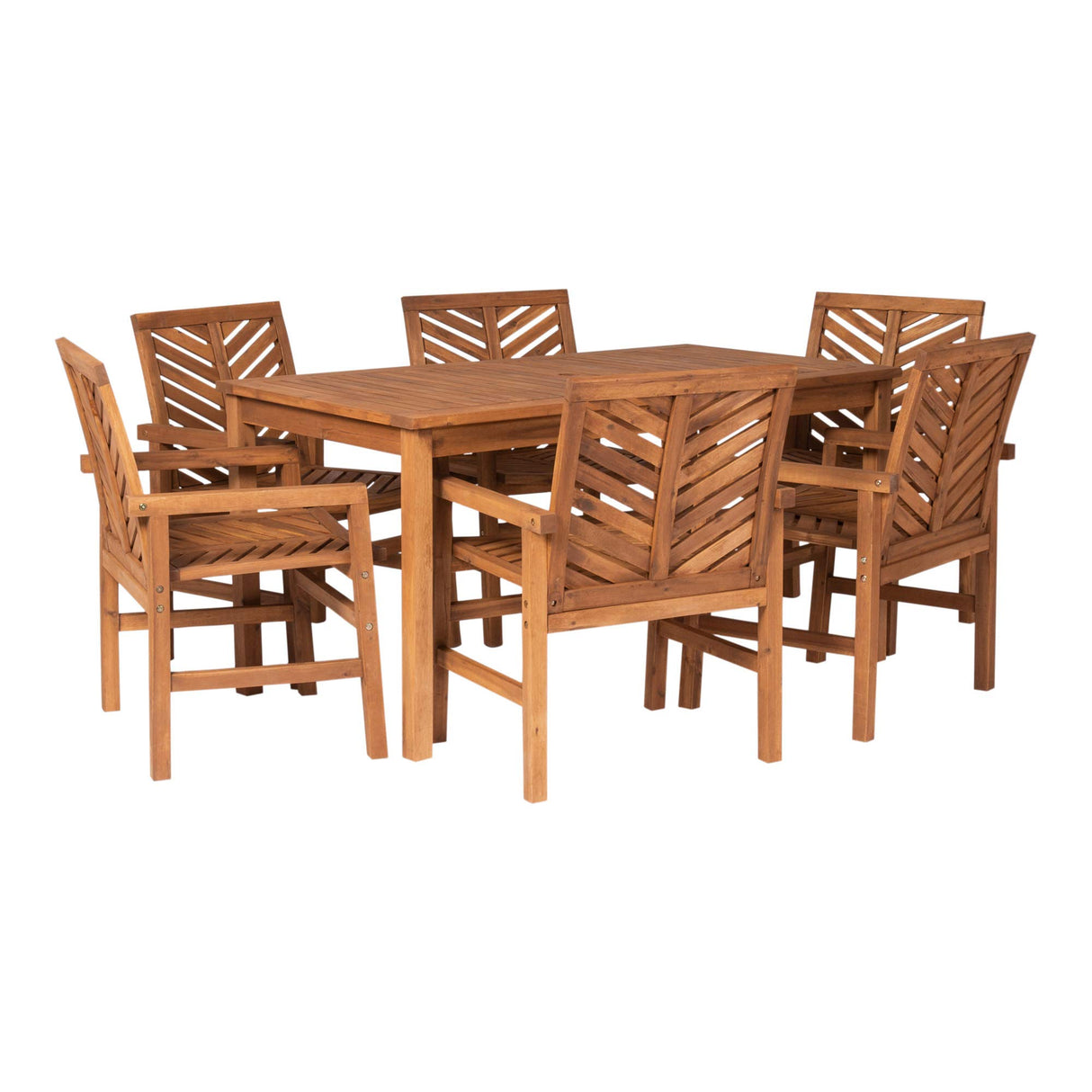 Walker Edison 6 Person Outdoor Wood Chevron Patio Furniture Dining Set Table Chairs All Weather Backyard Conversation Garden Poolside Balcony, 7 Piece, Brown Walker Edison