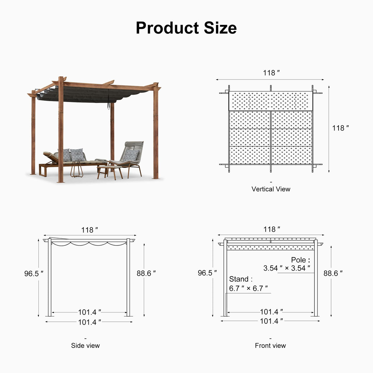 PURPLE LEAF 10' x 10' Outdoor Retractable Pergola with Sun Shade Canopy Patio Metal Shelter for Garden Porch Pavilion Natural Wood Grain Frame Aluminum Gazebo Modern Backyard Grill Pergola Gray PURPLE LEAF