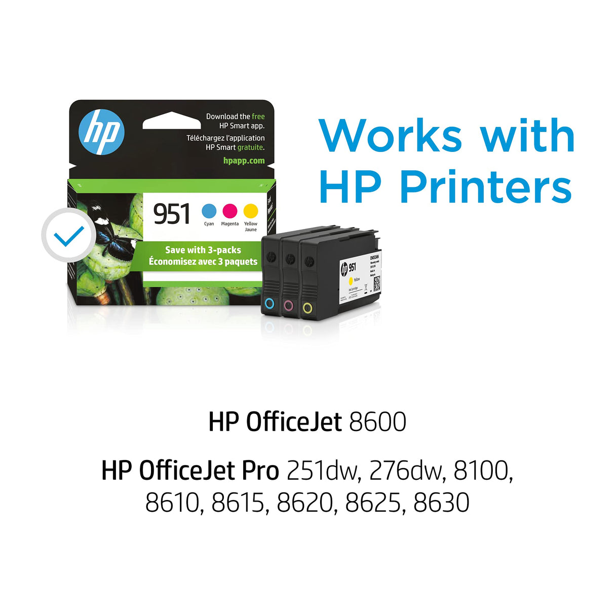 HP 951 Cyan, Magenta, Yellow Ink Cartridges (3 pack)| Works with HP OfficeJet 8600, HP OfficeJet Pro 251dw, 276dw, 8100, 8610, 8620, 8630 Series | Eligible for Instant Ink | CR314FN, Combo 3-Pack HP