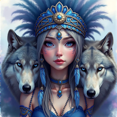 5D Diamond Art Kits for Adults Beginners, Young Woman and Wolves DIY Full Round Drill Diamond Painting Kits,Paint by Diamonds Dots Gem Art Easy,Home Wall Decor 14X14 Inch