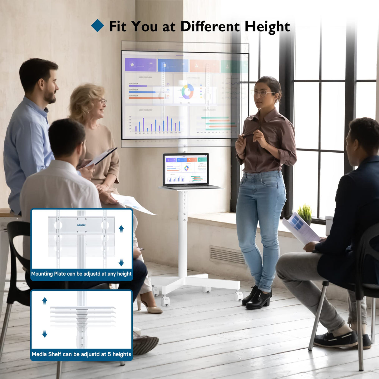 BONTEC Mobile TV Stand, Rolling TV Stand for 23-60 Inch Screens, Adjustable Floor TV Stand with Locking Wheels and Media Shelf, Compatible with VESA 75x75mm to 400x400mm, Holds up to 88 lbs,White BONTEC