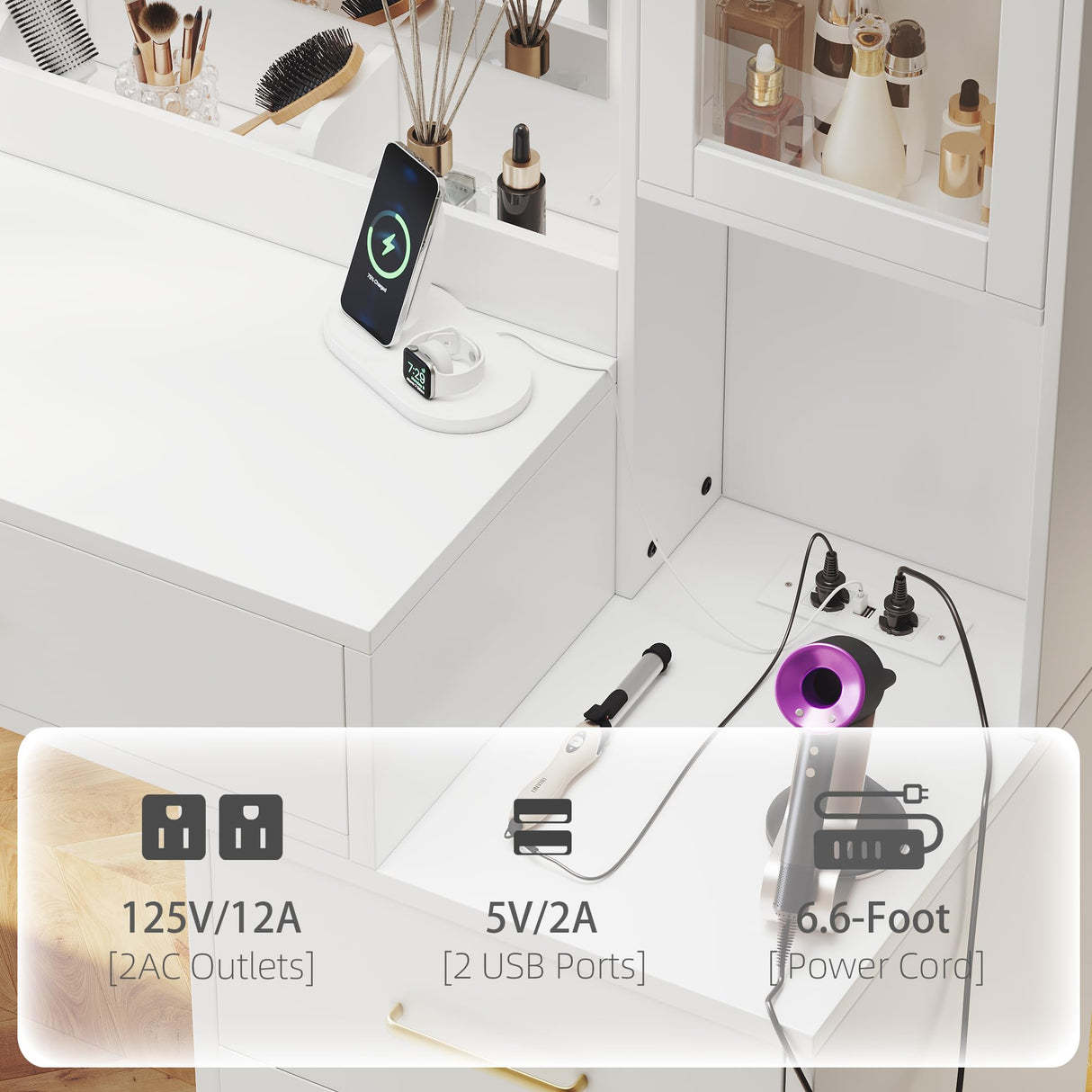 51" Vanity Desk with Mirror and Lights & Charging Station, Bedroom Dressing Table, Large Vanity Set with Cushioned Stool, 6 Drawers and 2 Cabinets, Makeup Vanity Table with Charging Station TOKSOM