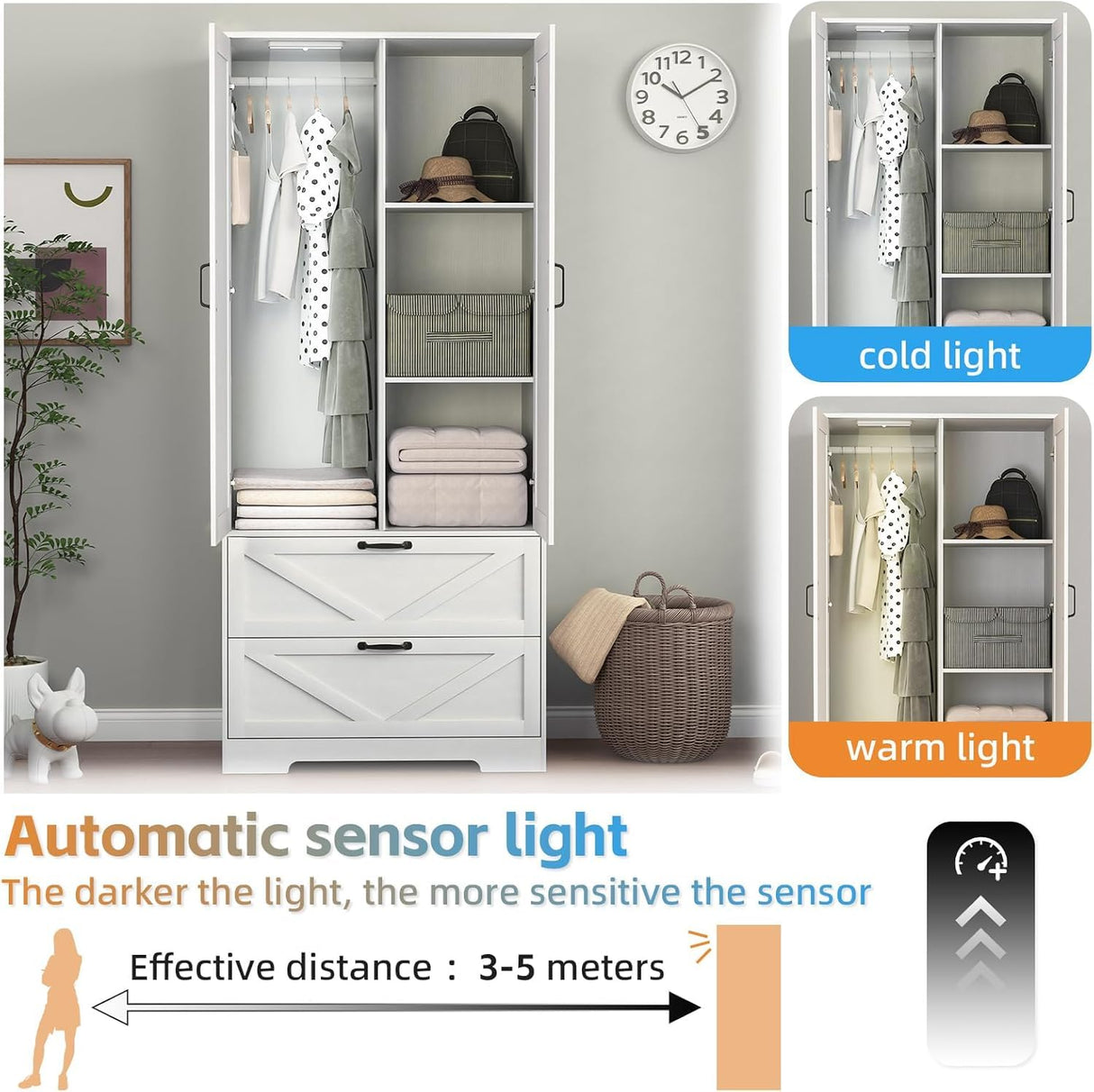 Hosnnile 72'' Armoire Wardrobe Closet with Mirror Door & Light, Farmhouse Bedroom Clothes Cabinet with 2 Doorrs + Hanging Rod + 2 Drawers, Wooden Wardrobe Cabinet with Adjustable Shelf for Bedroom Hosnnile