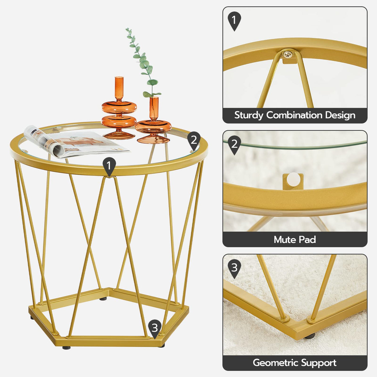 HOOBRO Small Coffee Table Set of 2, Round Coffee End Table with Metal Frame, Glass Top, Gold Side Table for Living Room, Bedroom and Balcony, Modern Style, Gold GD79BZ01 HOOBRO