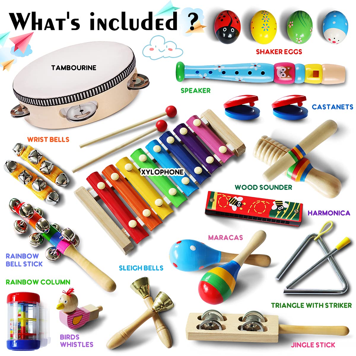 LOOIKOOS Toddler Musical Instruments,Wooden Percussion Instruments Toy for Kids Baby Preschool Educational Musical Toys Set for Boys and Girls with Storage Bag LOOIKOOS