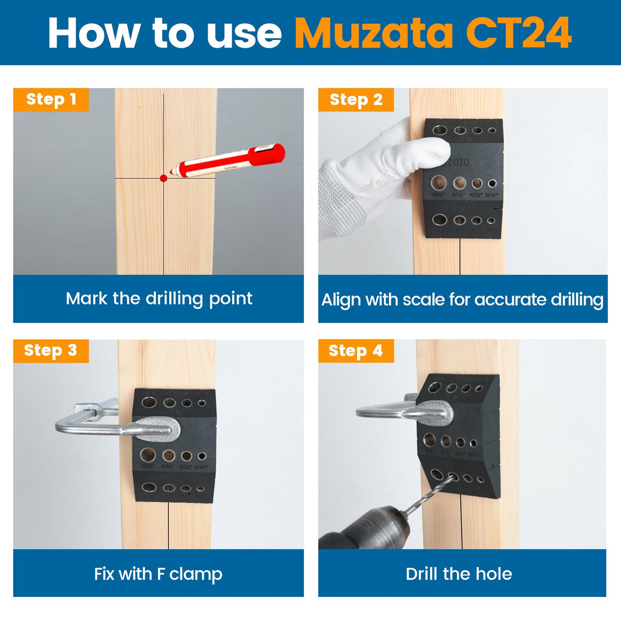 Muzata Upgraded Multi Angle Drill Guide Fit 30 45 90 Degree Cable Railing Kit Stair Visible Template Jig 4 Sizes Guide Track for Straight and Angle Hole Wood Post CT24 CT1 Muzata