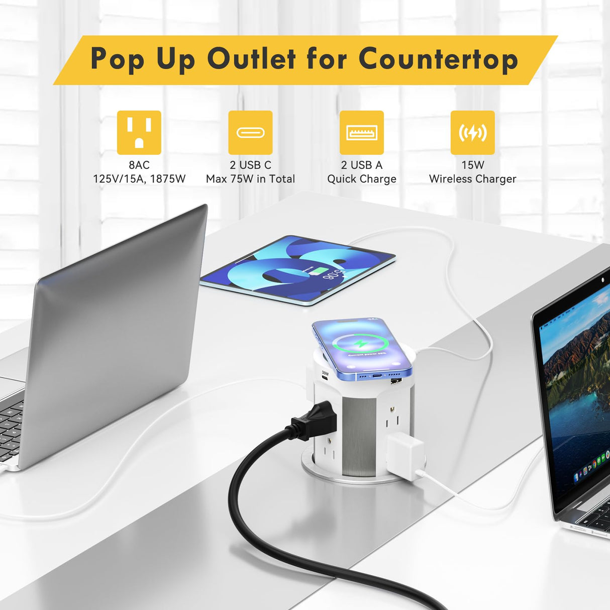 Kungfuking Pop Up Outlet for Countertop Kitchen, 15W Wireless Charger, 75W USB C Counter Top Electrical Power, 8 Outlets & 4 USB Ports, 4"Hole Recessed Popup Outlet for Island Conference Table Office Kungfuking