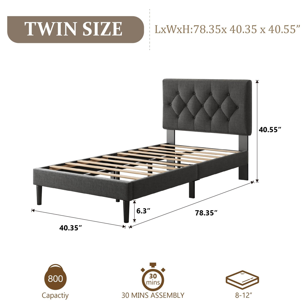 CXVX Twin Size Platform Bed Frame with Upholstered Headboard, Button Tufted Design, Strong Wooden Slats, No Box Spring Needed, Easy Assembly, Noise Free CXVX