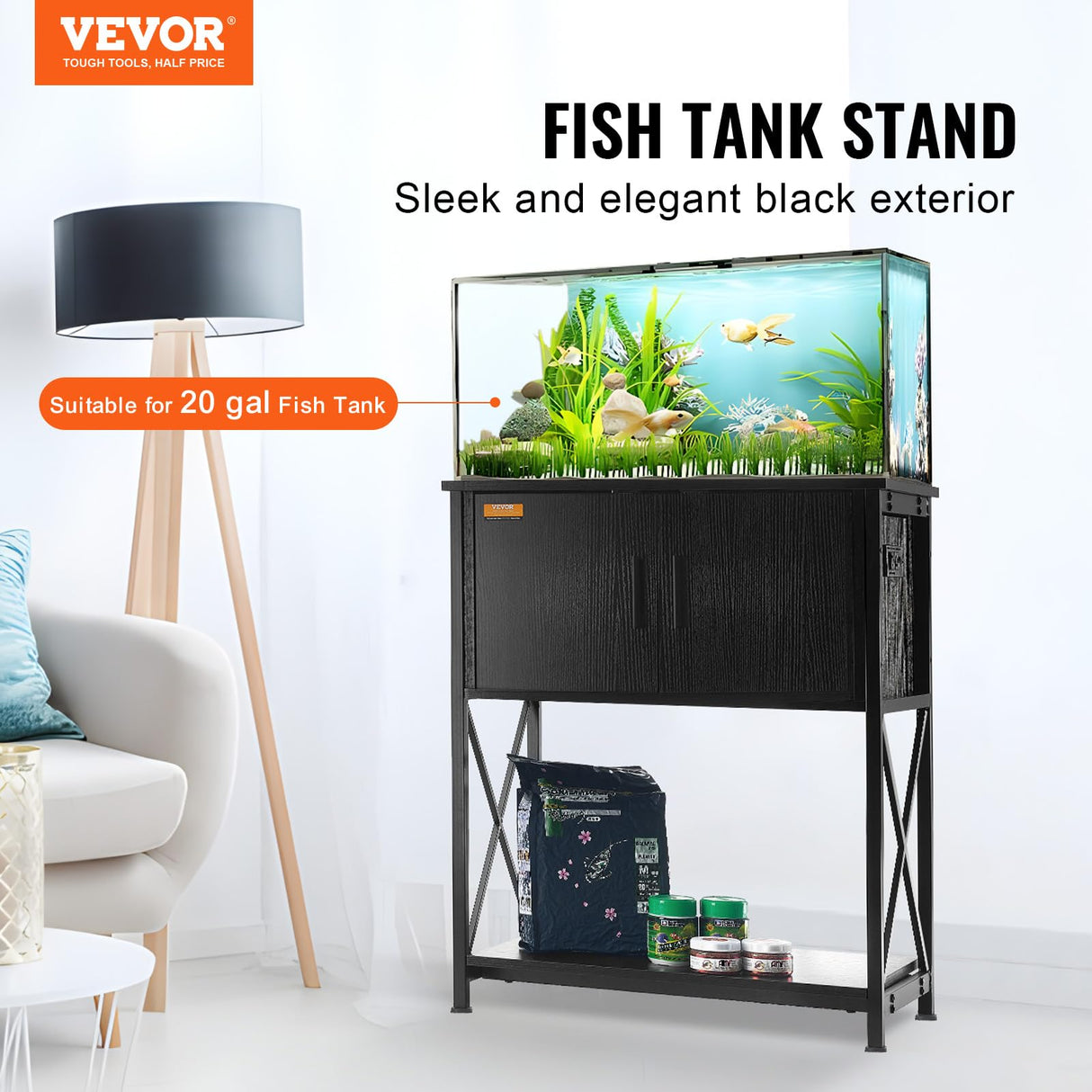 VEVOR Aquarium Stand, 20 Gallon Fish Tank Stand, 25.6 x 16.5 x 31.9 in Steel and MDF Turtle Tank Stand, 167.6 lbs Load Capacity, Reptile Tank Stand with Storage Cabinet and Embedded Power Panel, Black VEVOR