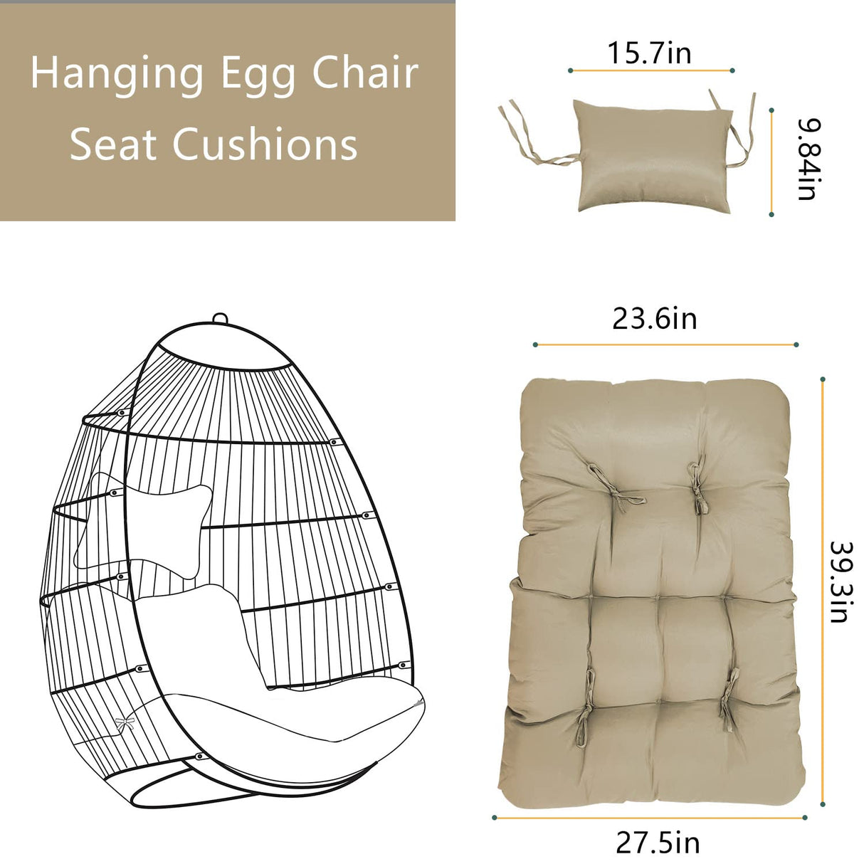 Enipate Outdoor Hanging Egg Chair Cushion, Water-Resistant Tufted Swing Basket Chairs Cushion Pads with Headrest Pillow Enipate