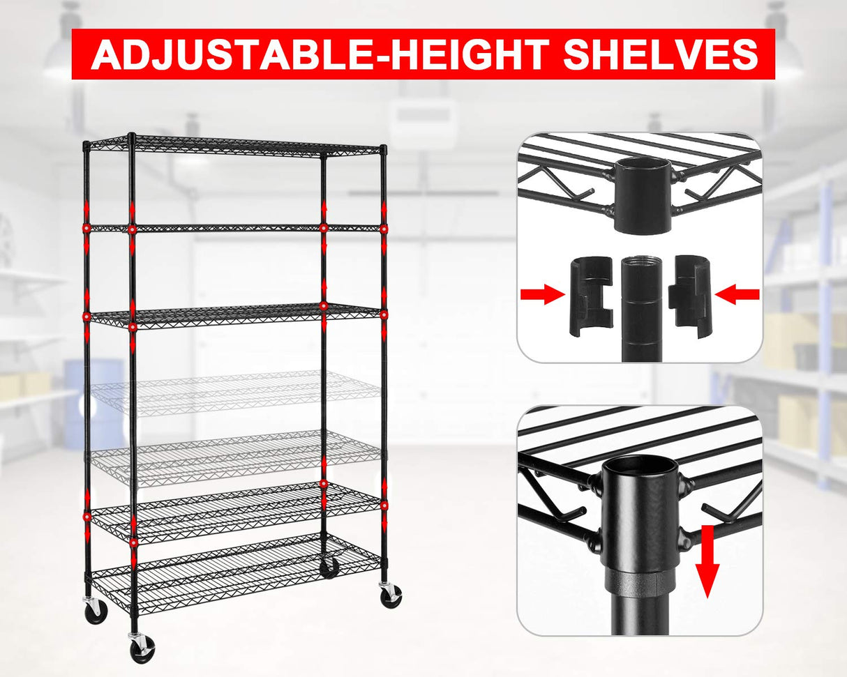 FDW 48" L×18" W×76" H Wire Shelving Unit Metal Shelf with 6 Tier Casters Adjustable Layer Rack Strong Steel for Restaurant Garage Pantry Kitchen Garage,Black FDW