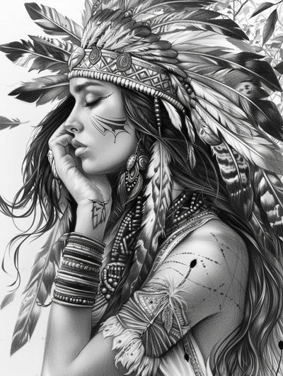 5D Diamond Painting Kits Black and White American Native Indian Woman Full Drill Round Beads Diamond Art Gems Stone Cross Stitch DIY Diamond Painting by Number Kits 12x16inch