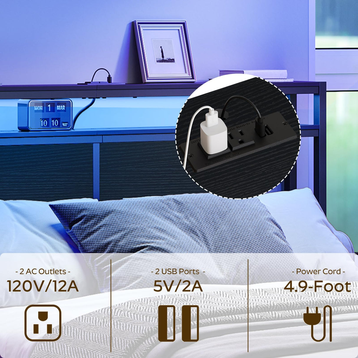 YATINEY Queen Size Headboard, Headboard with Light and Outlets, Headboard with 2 Storage Shelves, Storage Rack, Adjustable Height, Sturdy and Stable, Easy Assembly, Black YATINEY