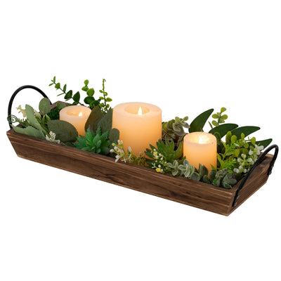 Long Narrow Wood Candle Tray: Hanobe Rustic Wooden Candle Holders Rectangular Table Centerpieces for Dining Room Farmhouse Pillar Stand with Handle Rectangle Tea Light Base Coffee Table Decor, Brown