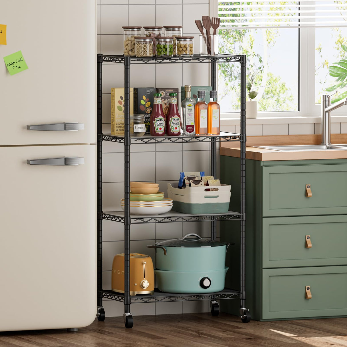 SINGAYE 4 Shelves Storage Shelf Wire Closet Bathroom Organizers Metal Pantry Kitchen Garage Shelving Unit Laundry Room Organization Home Rack Net Basket Black with Wheels SINGAYE