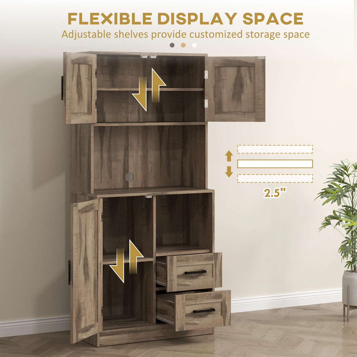 HOMCOM 60" Tall Kitchen Pantry Cabinet, Farmhouse Freestanding Hutch with Microwave Oven Countertop, Kitchen Storage Cabinet with Barn Doors & Drawers, Buffet with Adjustable Shelves, Gray Wash HOMCOM