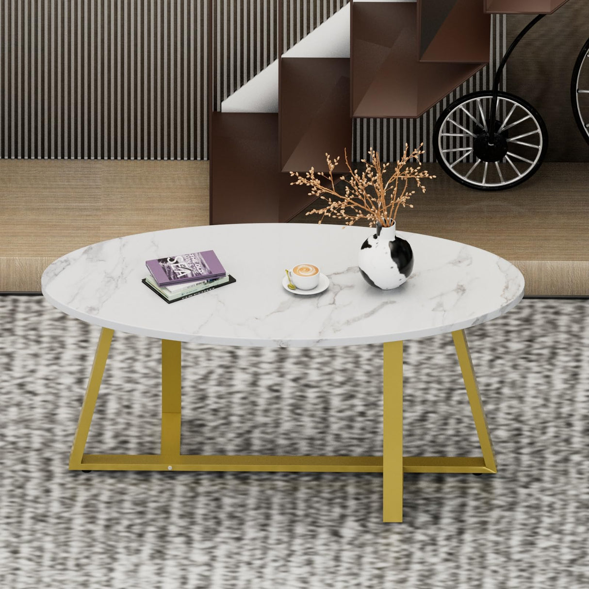 Wolawu Coffee Table White Faux Marble Coffee Table for Living Room,Oval Center Tables Modern Tea Table for Small Space,Wooden Living Room Tables End Table with Sturdy Gold Metal Leg Wolawu