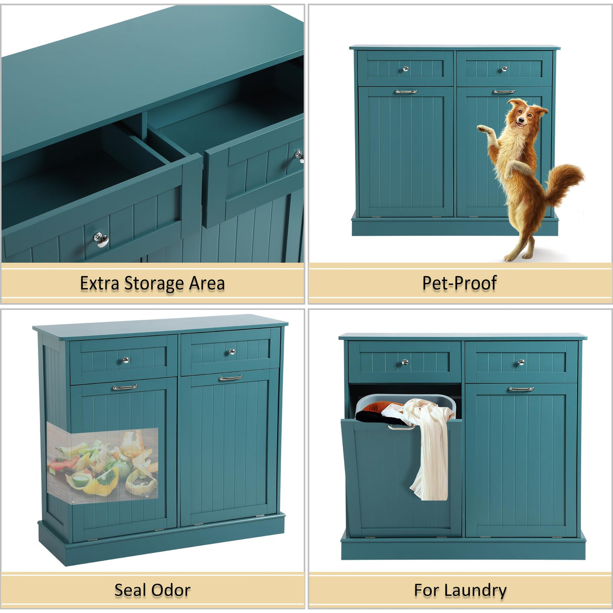 KIGOTY Double Tilt Out Trash Cabinet, Pet Proof Trash Can Cabinet with Countertop and Drawer, Trash Cabinet with Storage,Wooden Laundry Hamper for Kitchen, Teal Blue KIGOTY