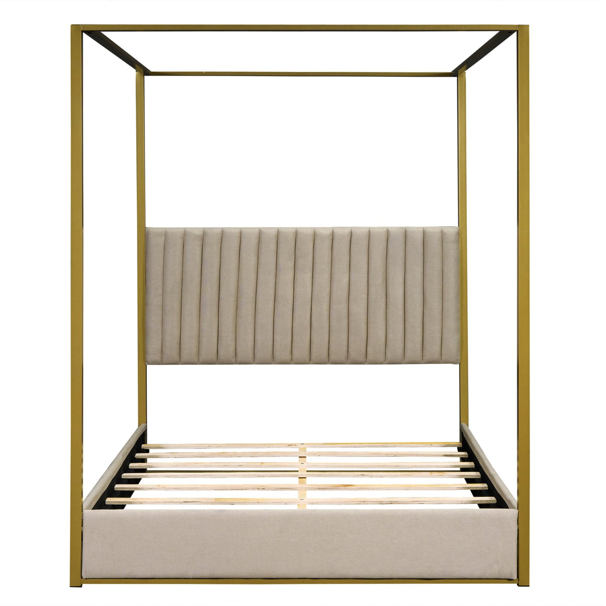 Queen Size Canopy Upholstered Platform Bed with Sturdy Metal Frame and Headboard in Beige Linen KLMM