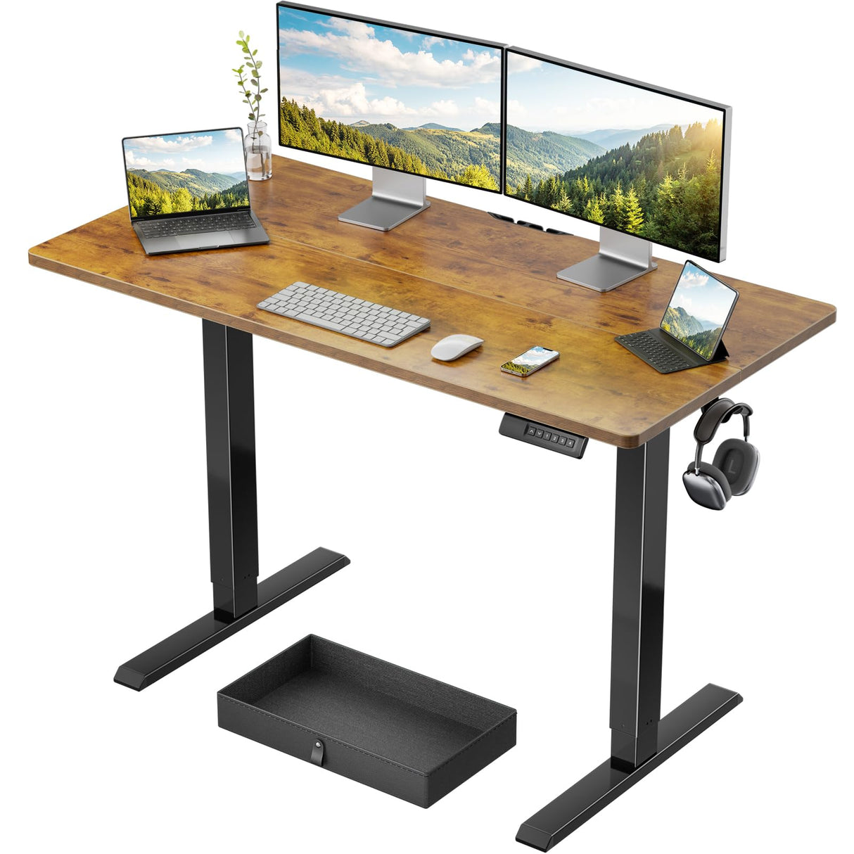 Marsail Electric Standing Desk with Drawer, 48 x 24 Electric Stand Up Desk, Ergonomic Adjustable Desk with Storage, Headphone/Bag Hooks, Computer Desk for Home & Office with Cable Management,Brown Marsail