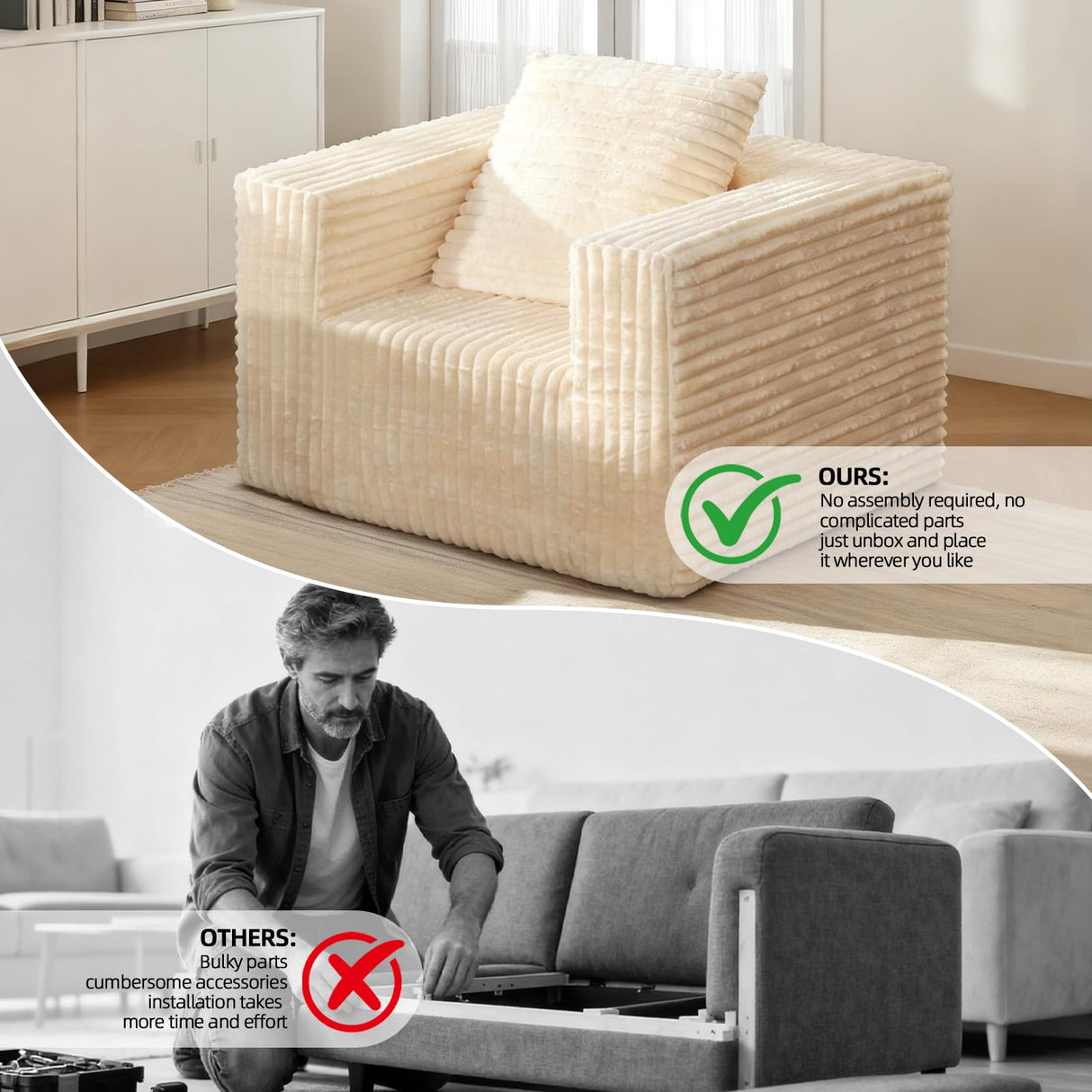 Single Cloud Sofa, Giant Bean Bag Chair with High Backrest & Wider Armrest, Foam Boneless Couch for Small Spaces, Comfy Furry Sofas with Pillows for Living Room, Bedroom, Apartment, Dorm, Office Sonovafurn