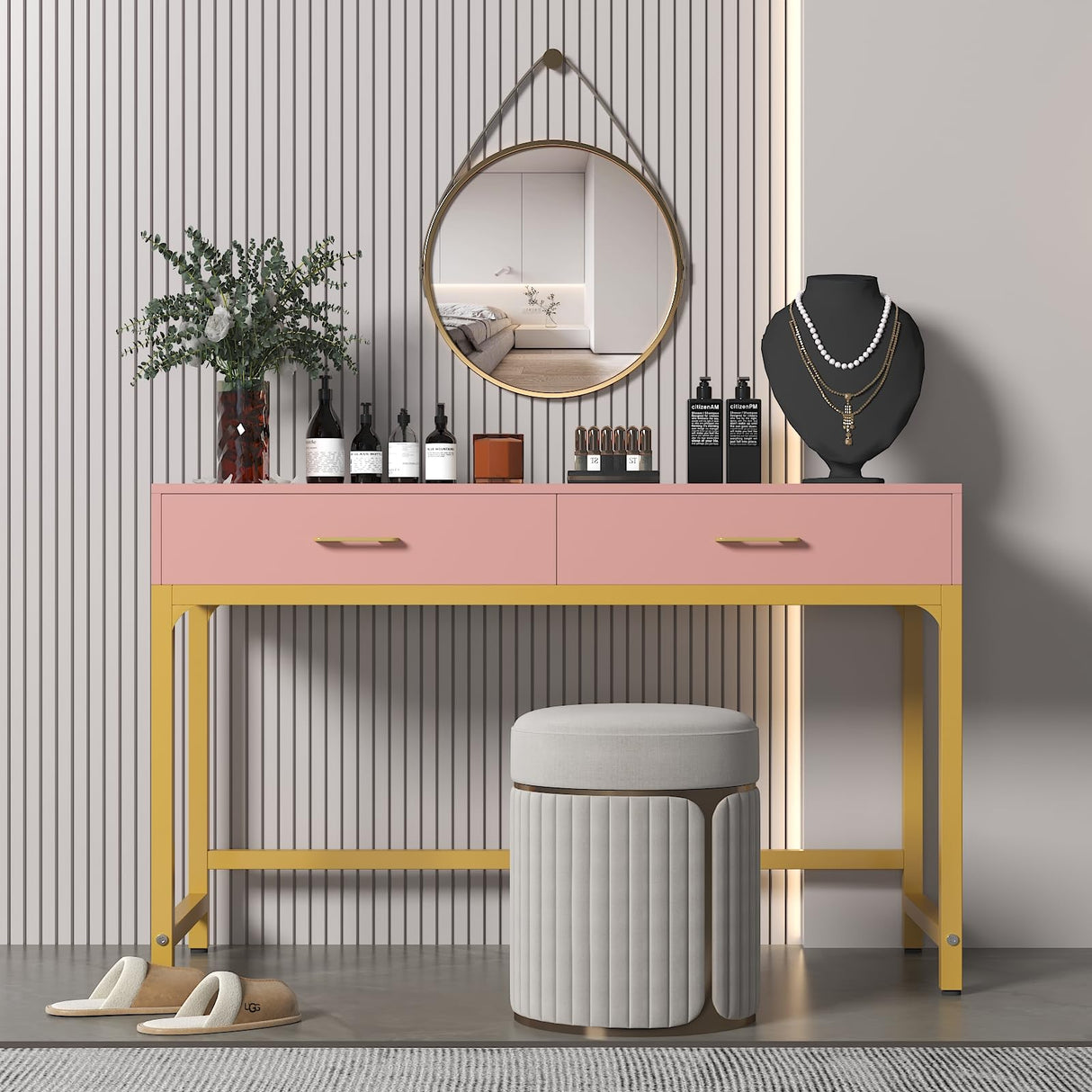 WESTREE Women Makeup Vanity Desk with 2 Drawers - Bedroom Home Office Desk, Wooden Height Monitor Stand & Storage Shelf Without Mirror, Pink Table Great Gift for Her WESTREE