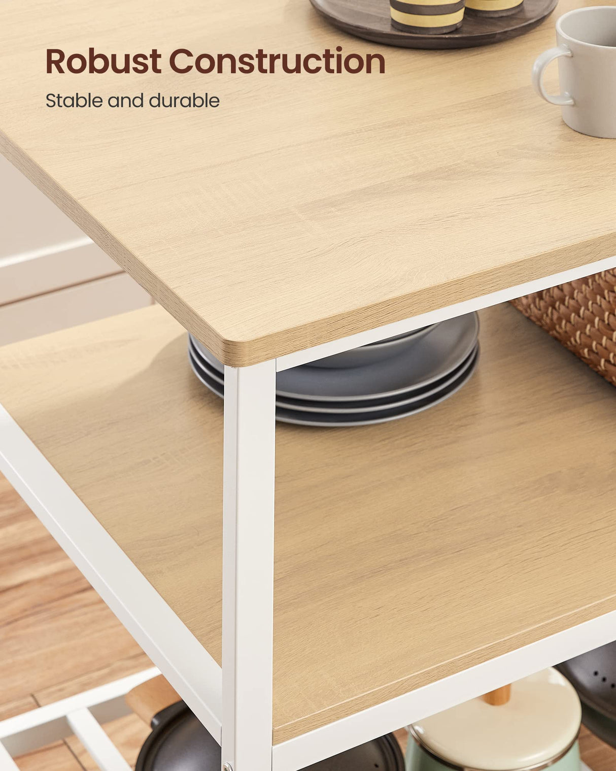 VASAGLE Kitchen Island with 3 Shelves, 47.2 Inches Width Kitchen Shelf with Large Worktop, Stable Steel Structure, Industrial, Easy to Assemble, Oak Color and White UKKI001W09 VASAGLE