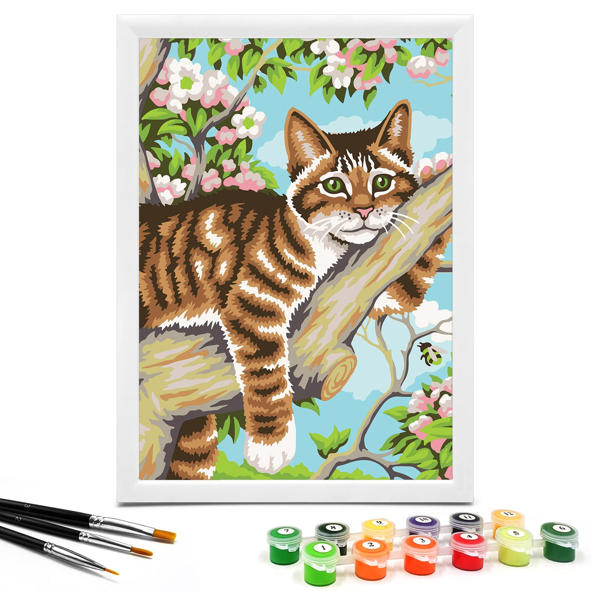 Nariolar Paint by Numbers for Kids Ages 8-12 with 7X9.5 inch Pre-Printed Cardboard,12 Acrylic Paint Pots and 3 Painting Brushes, Room Decor for Children,(Cat in The Tree) Nariolar