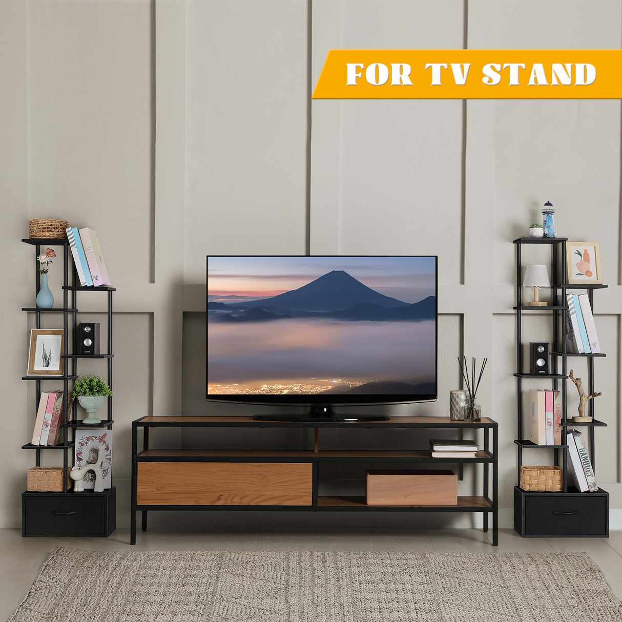 Vrisa Bookshelf with Fabric Drawer 7 Tier Bookcase with Storage 53" Tall Narrow Industrial Book Shelf Open Freestanding Shelf Organizer Unit for Living Room, Bedroom, Home Office, Black Vrisa