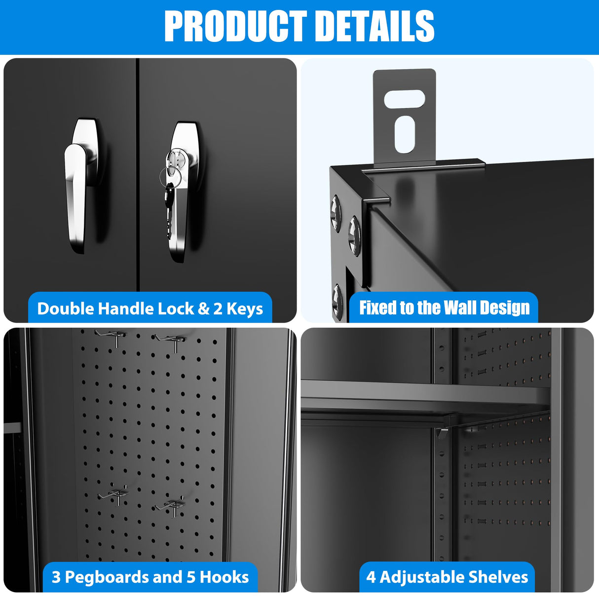 2025 Upgraded Wide & Deep Garage Storage Cabinet with Wheels, Lockable Metal Storage Cabinet with Pegboards and 9 Hooks, 2 Tool Pouches for Garage,4 Adjustable Shelves (Black,43''W x 22''D x 72''H) SUXXAN
