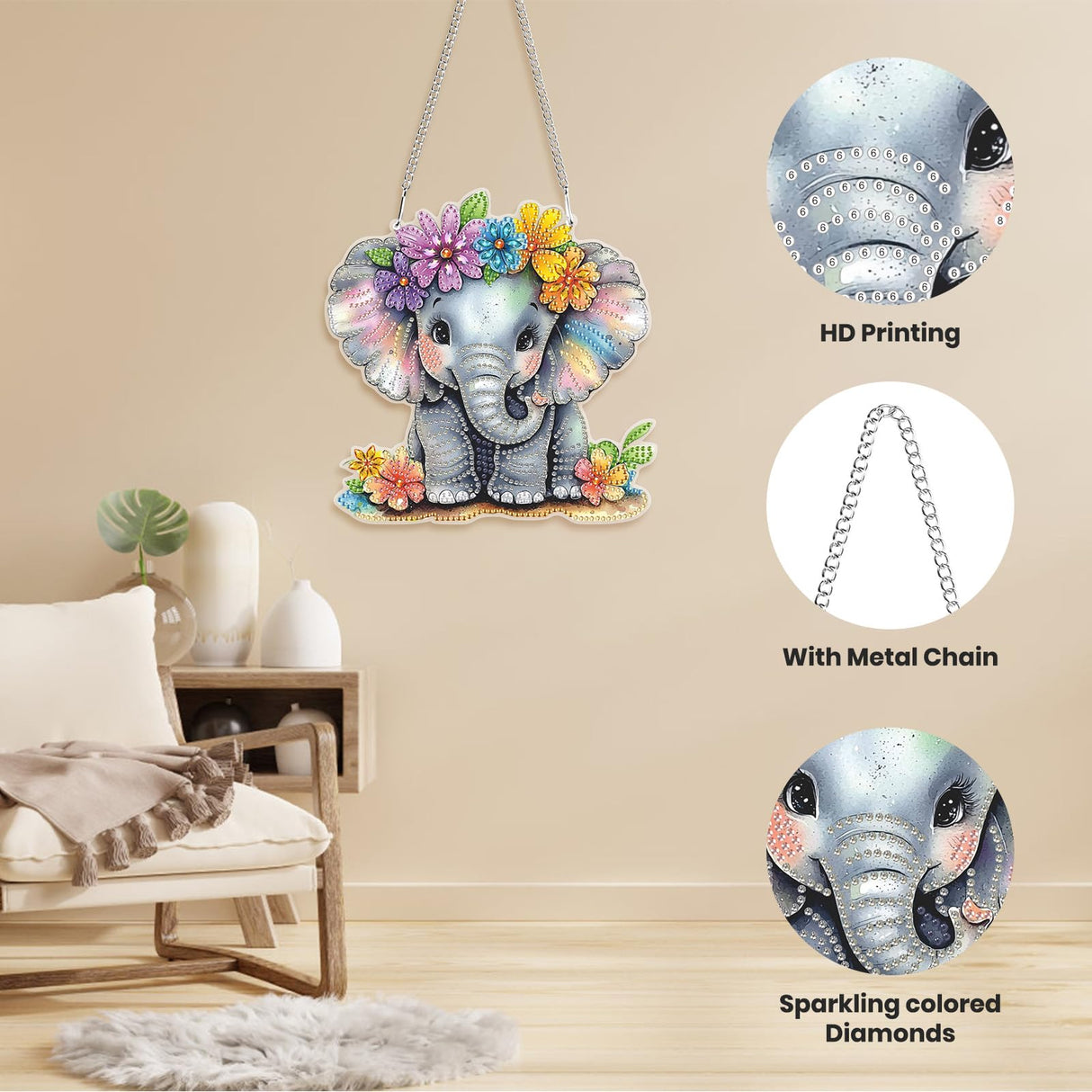 Hanging Diamond Art Kits for Adults Beginners, Elephant Flower Diamond Painting Pendant Kit, DIY Acrylic 5D Special Shaped Crystal Diamond Gem Art Painting Hanging Ornament for Home Wall Decor Genius maker