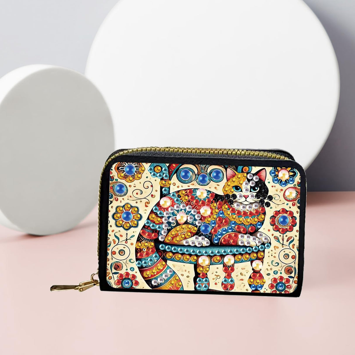 JZHYOAN Diamond Art Credit Card Holder, 4.33x3.14x0.98 Inch DIY Special Pattern Zipper Business Small Wallet Coin Purse Keychain Card Holder Wallet for Woman Adult Man Family-Cat JZHYOAN