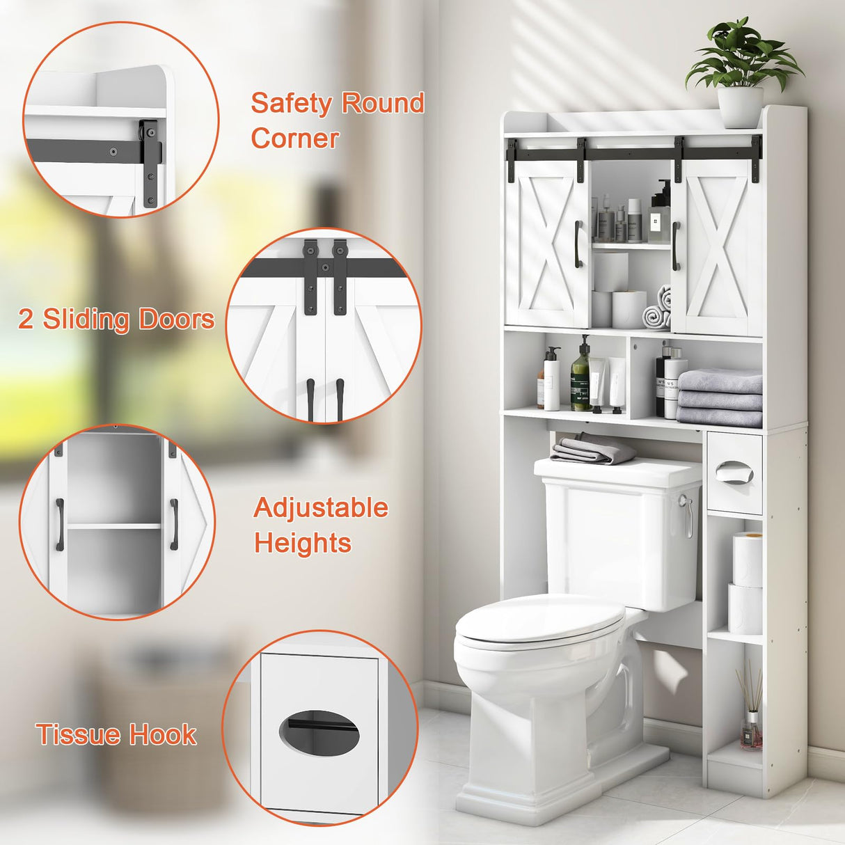 Over The Toilet Storage Cabinet, Farmhouse Storage Cabinet Over Toilet with Sliding Doors,Home Space-Saving Toilet Rack, for Bathroom, Restroom, Laundry Vabches