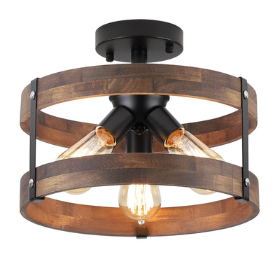 3-Light Rustic Farmhouse Wood Flush Mount Ceiling Light Fixture Oak Wood Round Drum Semi Flush Mount Ceiling Light for Hallway Hall Entry Bedroom Farmhouse Indoor, Black