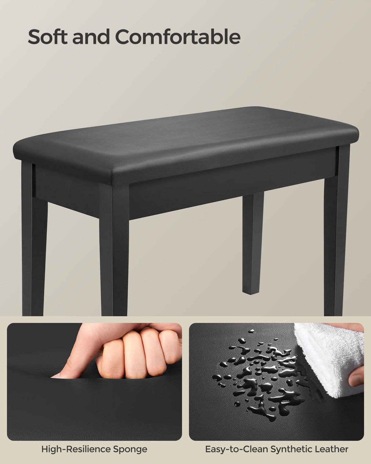 SONGMICS Wooden Duet Piano Bench with Padded Cushion and Music Storage Compartment, Piano Chair Seat, Black ULPB75BK SONGMICS