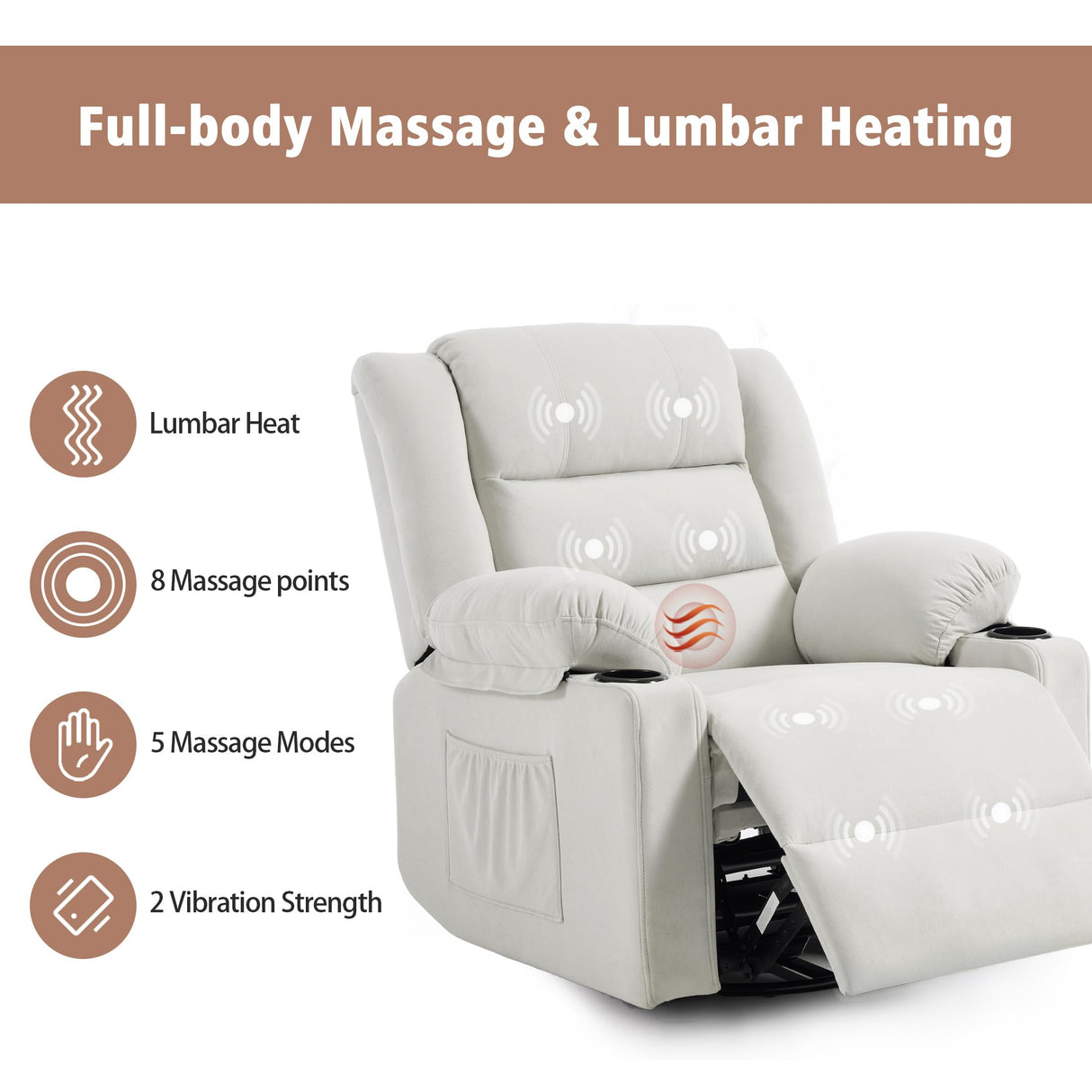 Ketaiyou Swivel Rocking Recliner Chair with Massage and Heat,Oversized Rocker Recliner for Adults, Upholstered Fabric Reclining Single Sofa Chair for Living Room,Nursery (Beige) Ketaiyou