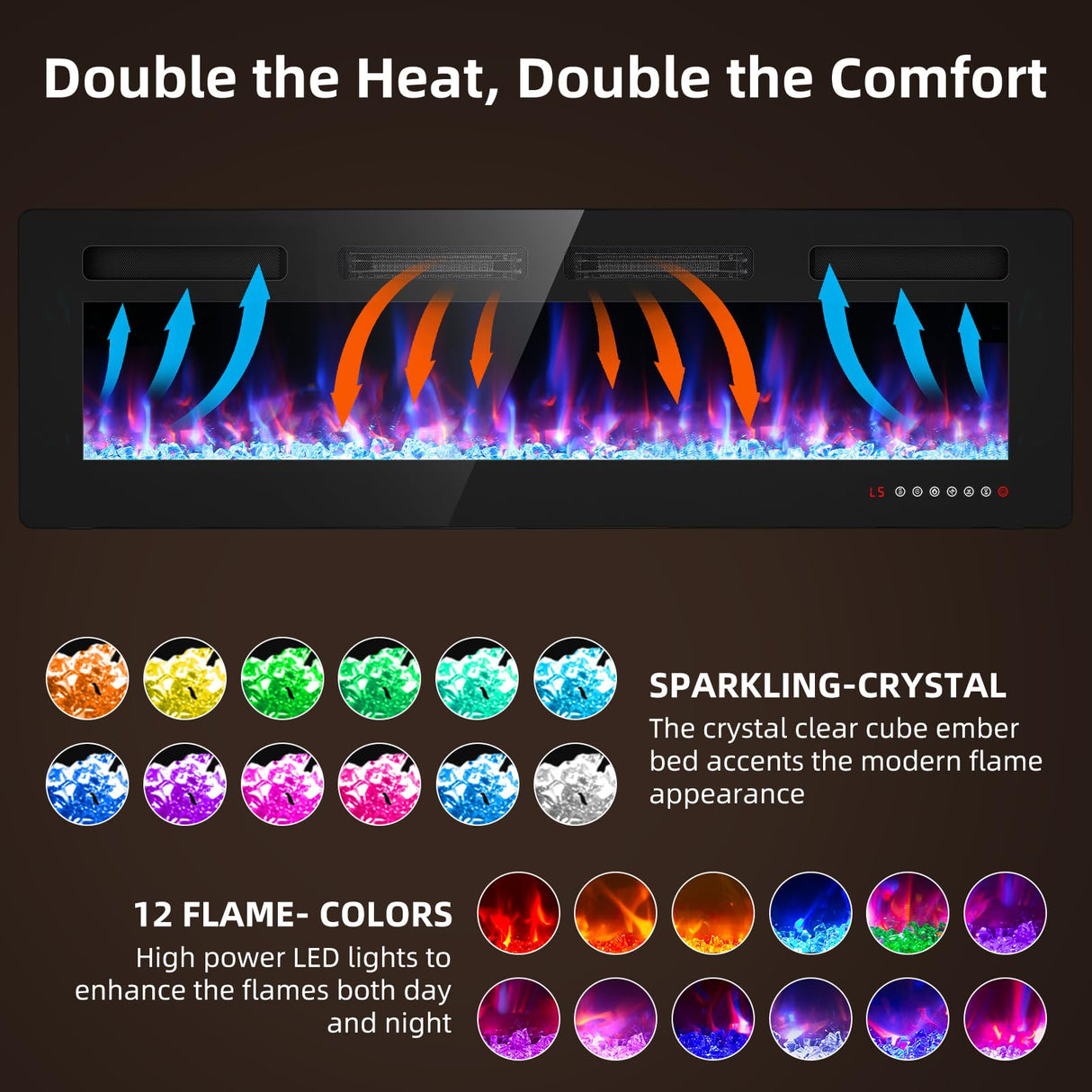 BREEZEHEAT 60 inch Electric Fireplace Wall Mounted/Freestanding-Ultra Thin Fireplace Inserts for Living Room with Heater, Remote Control, Touch Screen, Led Flame, 8H Timer, 750w/1500w BREEZEHEAT