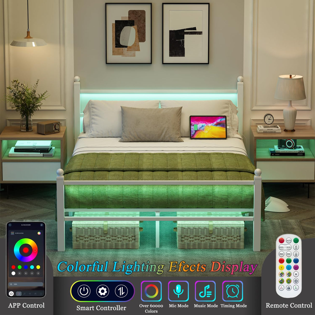 Full Size Bed Frame with Charging Station & LED Lights, Full Metal Platform Bed Frame with Headboard and Footboard, Storage Space Under Bed, No Box Spring Needed, Noise Free, Easy Assembly, White Jenmit