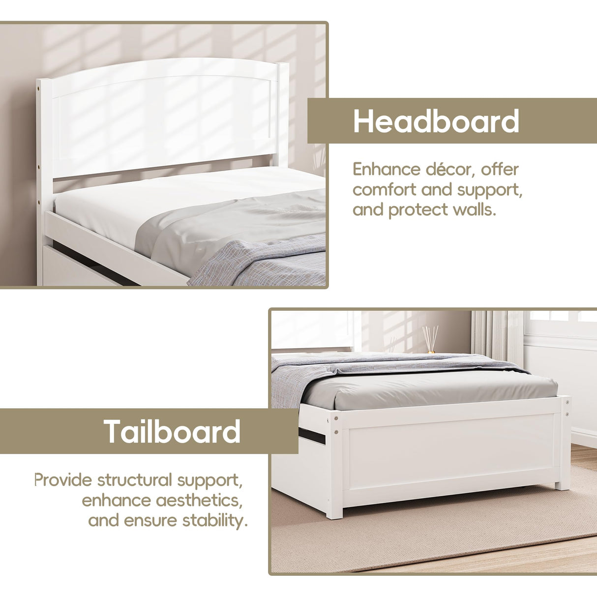 Callales Twin Trundle Bed, Solid Wooden Pull Out Bedframe, Extendable Day Bed with Headboard and Soild Wood Slats Support, Bedroom, Living Room, Guest Room, No Box Spring Needed (White) Callales