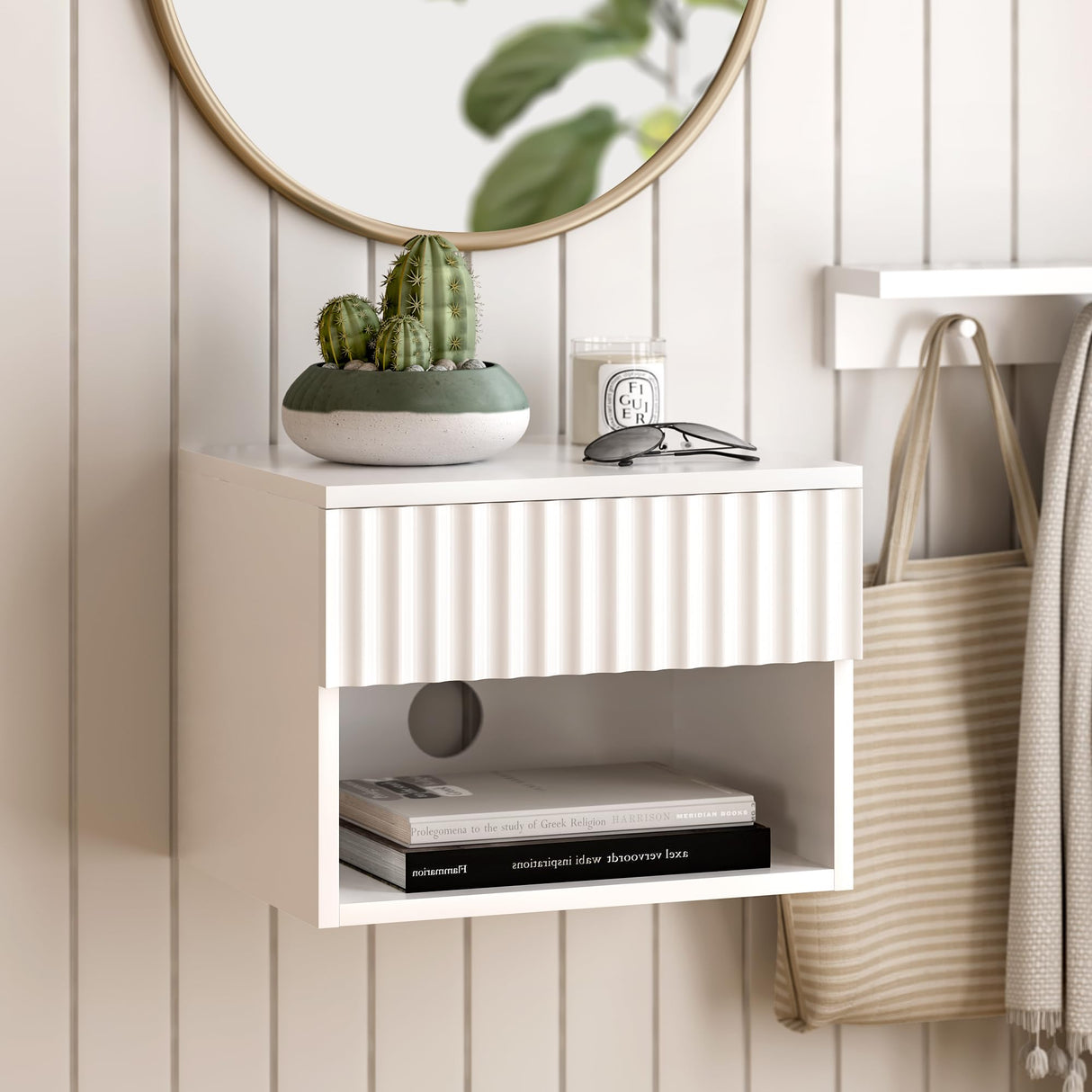 EYYTHUNG Fluted Wall Nightstand Set of 2 with Drawer, Modern Floating Night Stand with Fluted Door and Open Storage Shelf Wall Mounted Bedside Table for Bedroom Bathroom Entryway, White EYYTHUNG