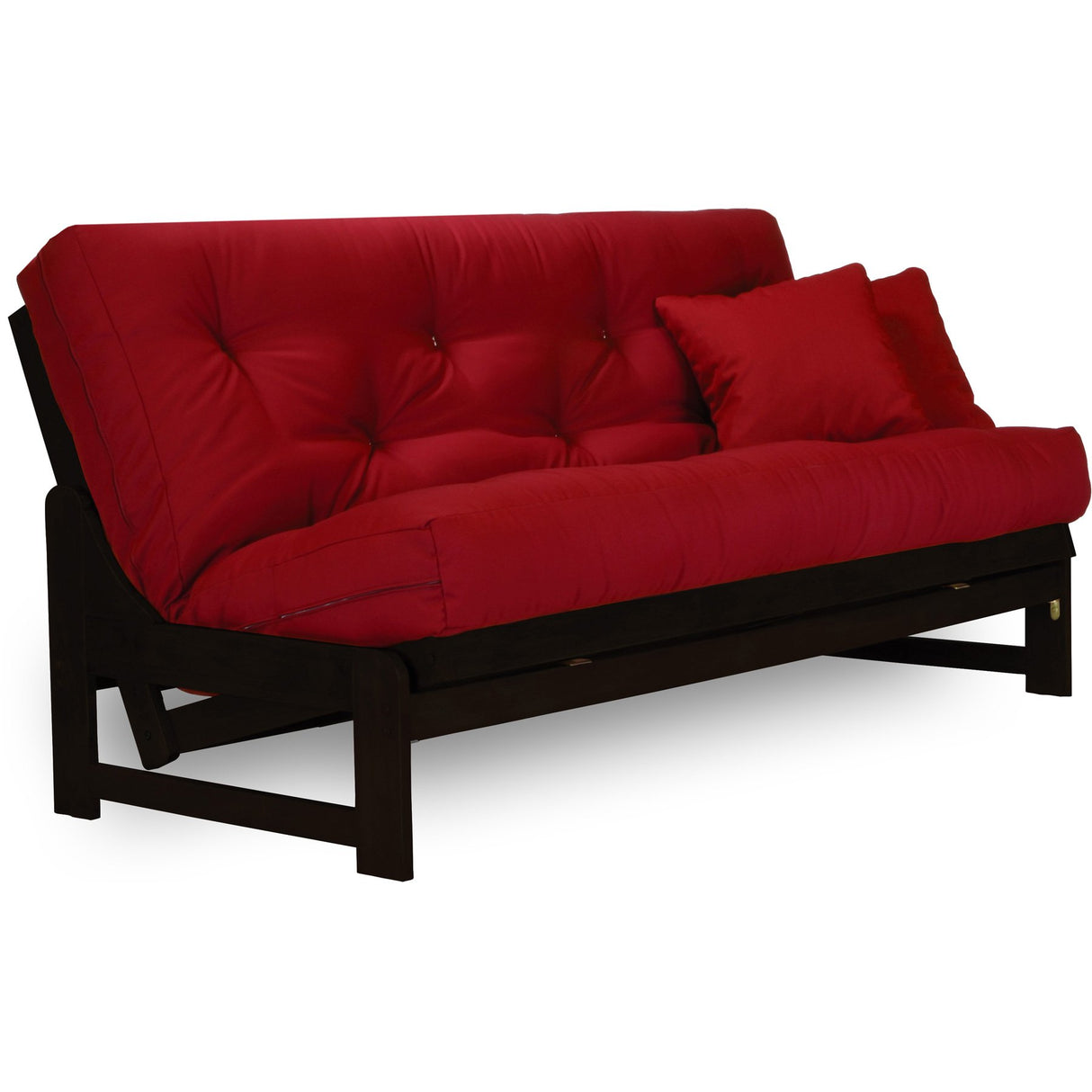 Arden Futon Set in Dark Espresso (Warm Black Finish) - Full or Queen Size, Armless Wood Futon Frame with Mattress Included (Twill Red), Space Saving Sofa Bed Sleeper Nirvana Futons
