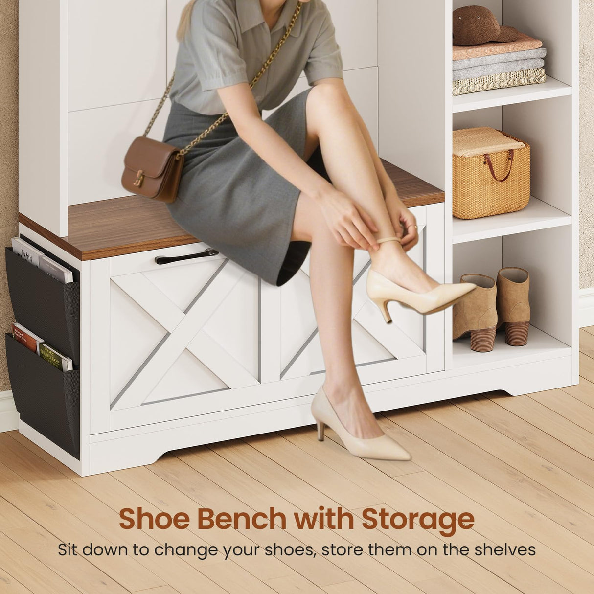 Itaar Hall Tree with Bench and Shoe Storage, Farmhouse Entryway Bench with Coat Rack, Shoe Cabinet with Flip Drawers, 7 Shelves, 10 Coat Hooks, Storage Bag, Led Lights, White Itaar