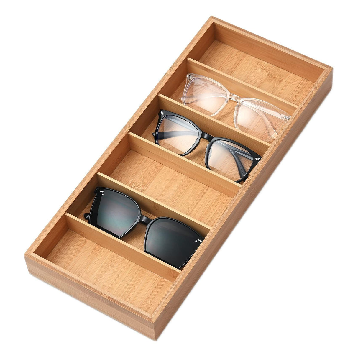 Lunavita 6-Slot Sunglasses Organizer Tray, Sunglasses Storage Case, Eyeglass Display Eyewear Display Box,Jewelery Display Organizer Tray, Natural Bamboo Lunavita