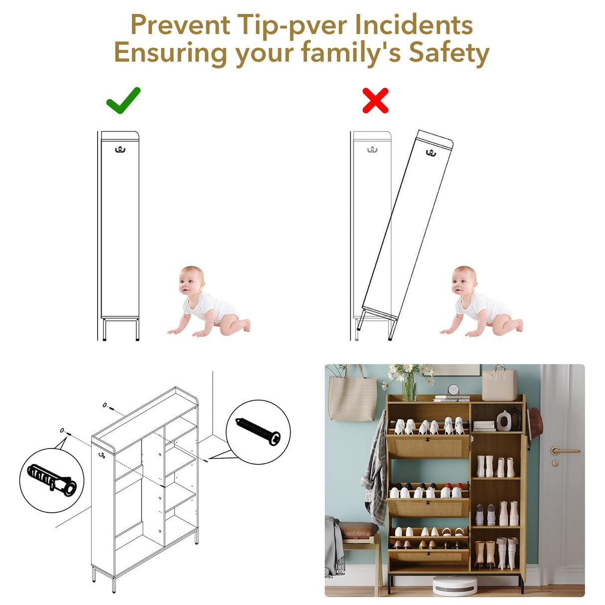 IDEALHOUSE Rattan Shoe Cabinet, Shoe Cabinets with 3 Flip Drawers, Free Standing Narrow Shoe Storage Organizer with Adjustable Shelves, Shoe Rack Cabinet for Entryway, Fence On Top, Natural IDEALHOUSE